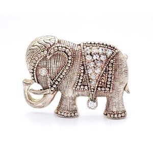 Vintage Elephant Brooch Silver Tone Rhinestone Trunk Up Good Luck Pin Jewelry